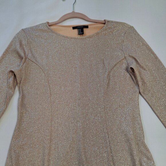 Forever 21 Peach Metallic Skater Dress Sz M Fit N Flare Long Sleeves Round Neck - Picture 7 of 16
